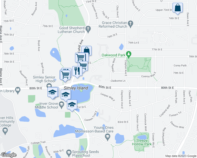 map of restaurants, bars, coffee shops, grocery stores, and more near 3295 80th Street East in Inver Grove Heights
