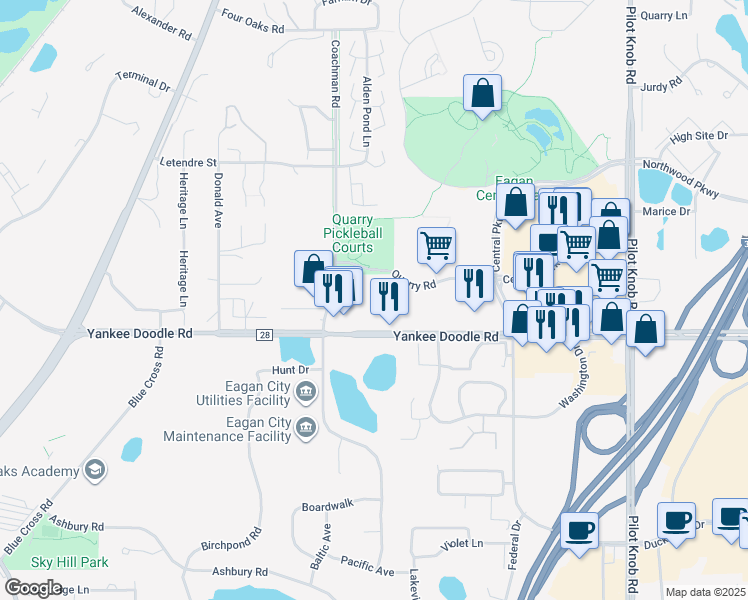 map of restaurants, bars, coffee shops, grocery stores, and more near 1568 Quarry Road in Eagan