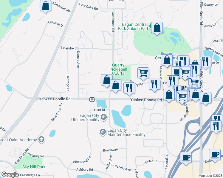 map of restaurants, bars, coffee shops, grocery stores, and more near 1000 Blue Gentian Road in Eagan