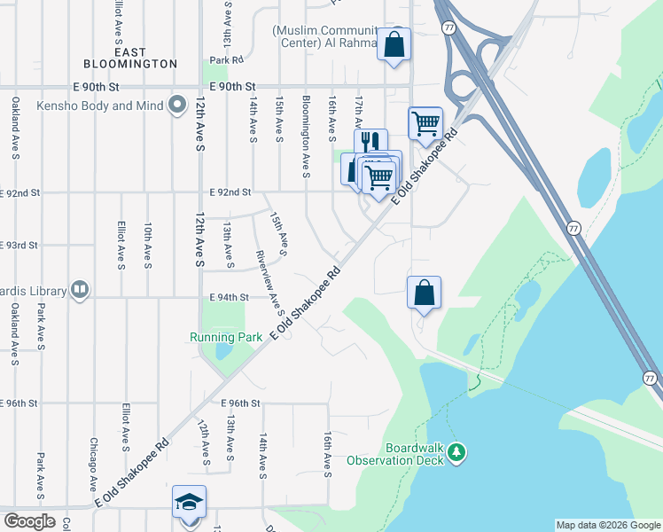 map of restaurants, bars, coffee shops, grocery stores, and more near 9312 Bloomington Avenue South in Bloomington