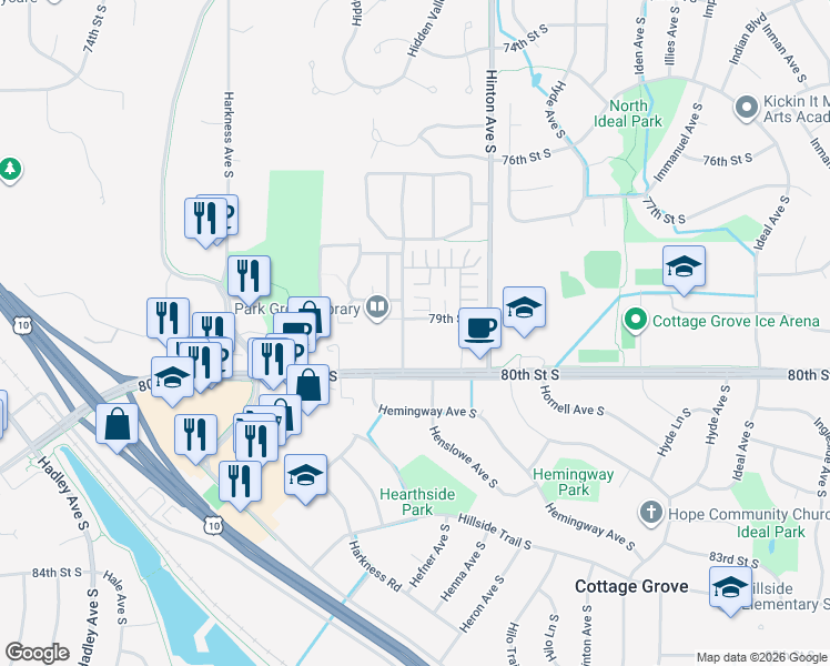 map of restaurants, bars, coffee shops, grocery stores, and more near 7601 79th Street South in Cottage Grove