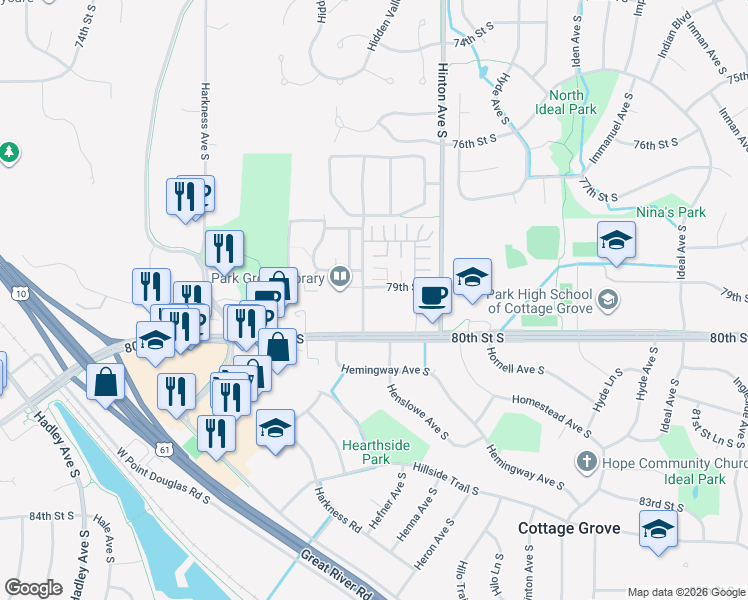 map of restaurants, bars, coffee shops, grocery stores, and more near 7632 79th Street South in Cottage Grove