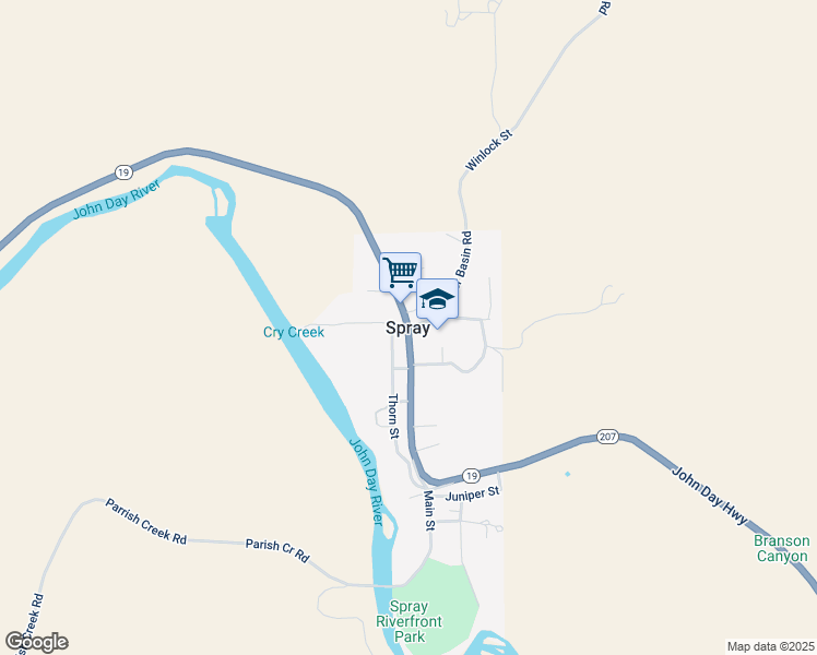 map of restaurants, bars, coffee shops, grocery stores, and more near in Spray