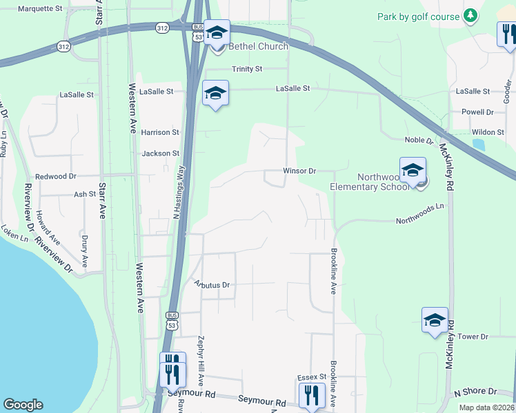 map of restaurants, bars, coffee shops, grocery stores, and more near 2914 Shady Grove Road in Eau Claire