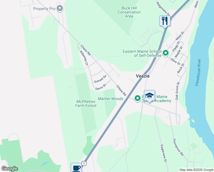 map of restaurants, bars, coffee shops, grocery stores, and more near 1116 Chase Road in Veazie