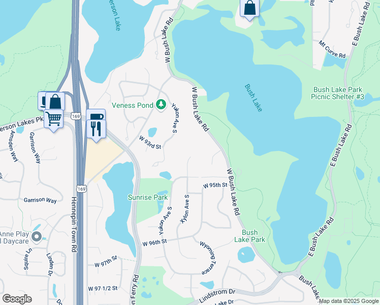 map of restaurants, bars, coffee shops, grocery stores, and more near 9301 Xylon Circle South in Minneapolis