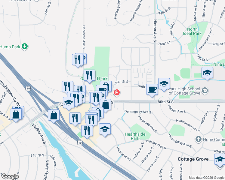 map of restaurants, bars, coffee shops, grocery stores, and more near 7920 Hearthside Avenue South in Cottage Grove