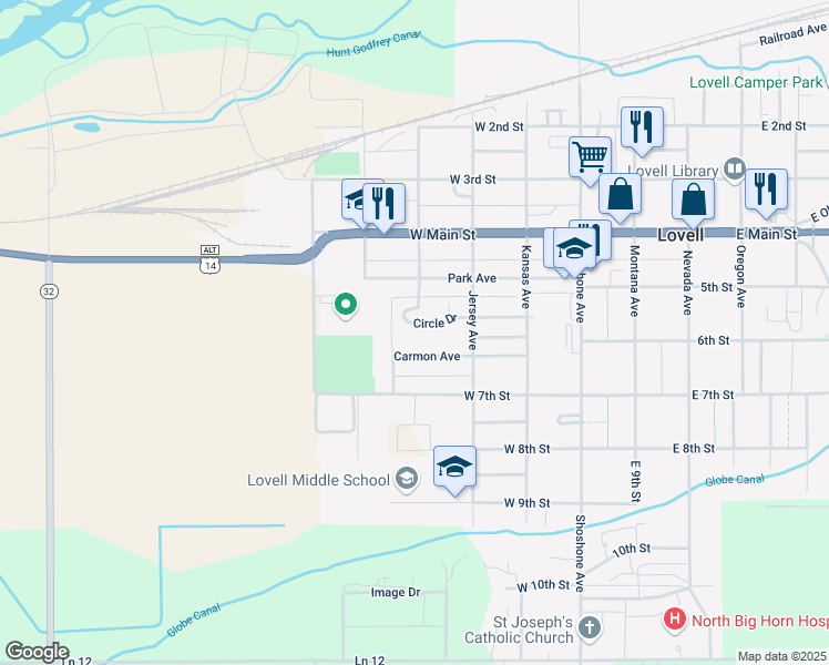 map of restaurants, bars, coffee shops, grocery stores, and more near 20-98 Circle Drive in Lovell