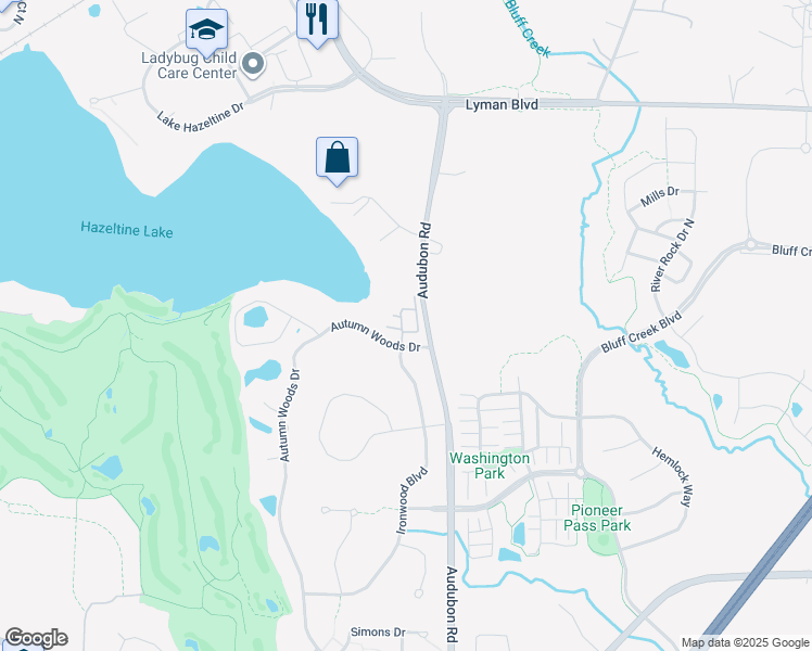 map of restaurants, bars, coffee shops, grocery stores, and more near 3400 Autumn Woods Drive in Chaska
