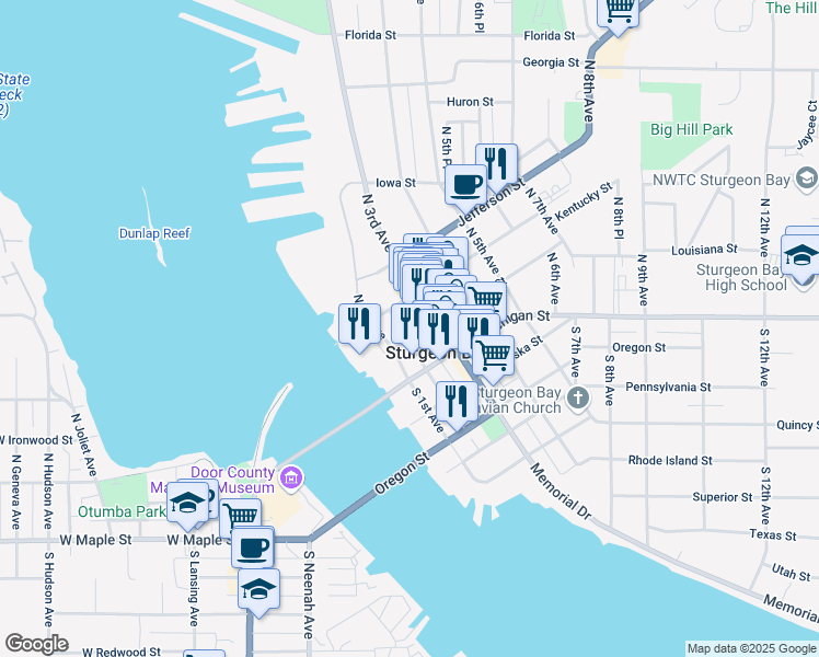 map of restaurants, bars, coffee shops, grocery stores, and more near 132 North 2nd Avenue in Sturgeon Bay