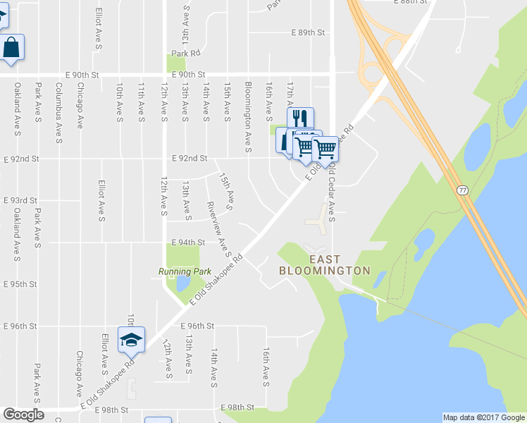 map of restaurants, bars, coffee shops, grocery stores, and more near 9312 Bloomington Avenue South in Bloomington