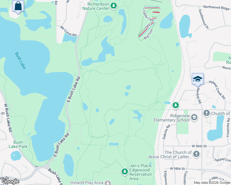 map of restaurants, bars, coffee shops, grocery stores, and more near 9101-9483 East Bush Lake Road in Bloomington