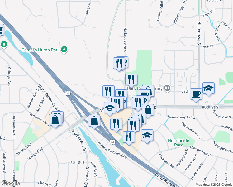map of restaurants, bars, coffee shops, grocery stores, and more near 7990 Hardwood Avenue South in Cottage Grove