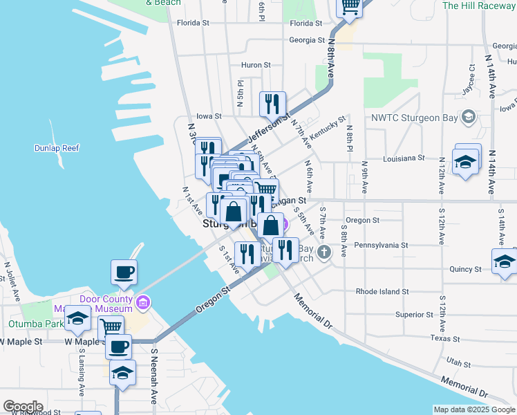 map of restaurants, bars, coffee shops, grocery stores, and more near 354 Michigan Street in Sturgeon Bay