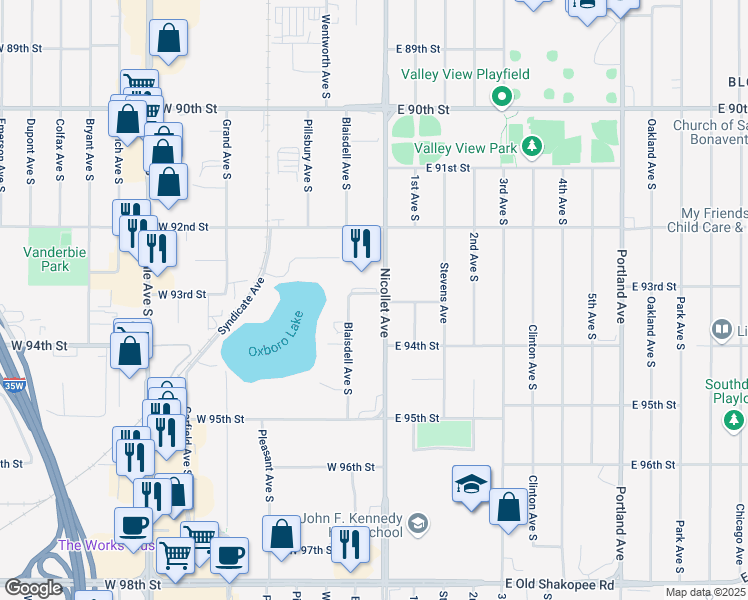 map of restaurants, bars, coffee shops, grocery stores, and more near 9304 Nicollet Avenue in Minneapolis