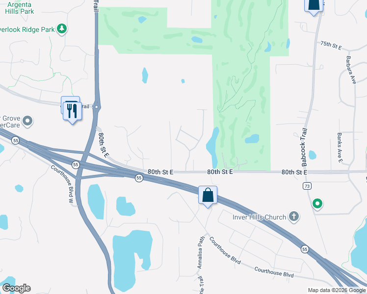 map of restaurants, bars, coffee shops, grocery stores, and more near 1455 80th Street East in Inver Grove Heights
