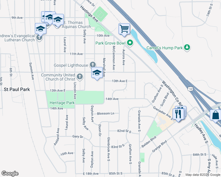 map of restaurants, bars, coffee shops, grocery stores, and more near 1355 Dixon Drive in Saint Paul Park