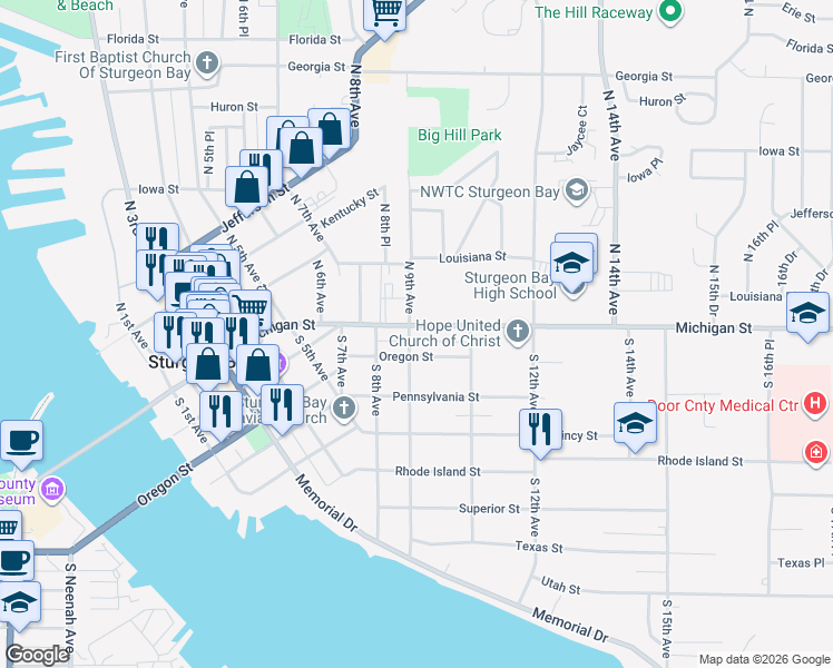 map of restaurants, bars, coffee shops, grocery stores, and more near 907 Michigan Street in Sturgeon Bay