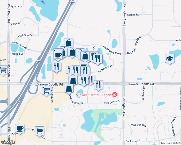 map of restaurants, bars, coffee shops, grocery stores, and more near 1150 Northwood Dr in Eagan
