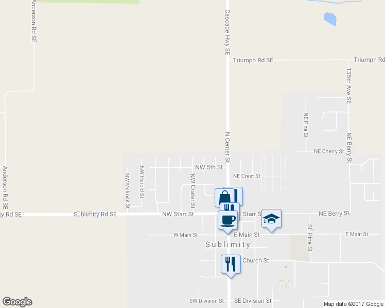 map of restaurants, bars, coffee shops, grocery stores, and more near 535 Northwest Crater Place in Sublimity