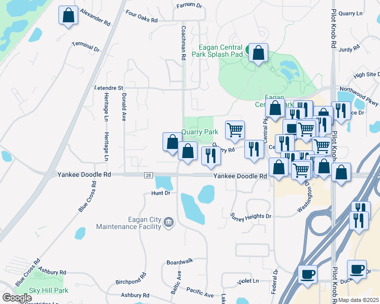 map of restaurants, bars, coffee shops, grocery stores, and more near 3374 Coachman Road in Eagan