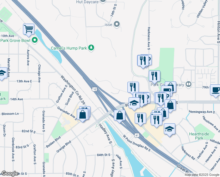 map of restaurants, bars, coffee shops, grocery stores, and more near 6999 East Point Douglas Road in Cottage Grove
