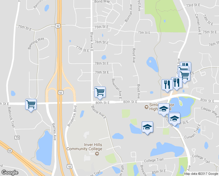 map of restaurants, bars, coffee shops, grocery stores, and more near 7941 Bowman Avenue East in Inver Grove Heights
