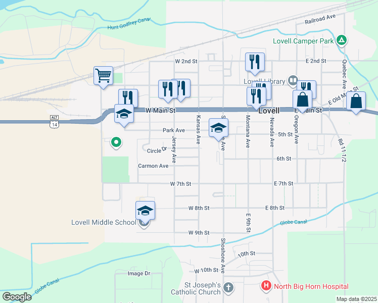 map of restaurants, bars, coffee shops, grocery stores, and more near 138 Washakie Avenue in Lovell