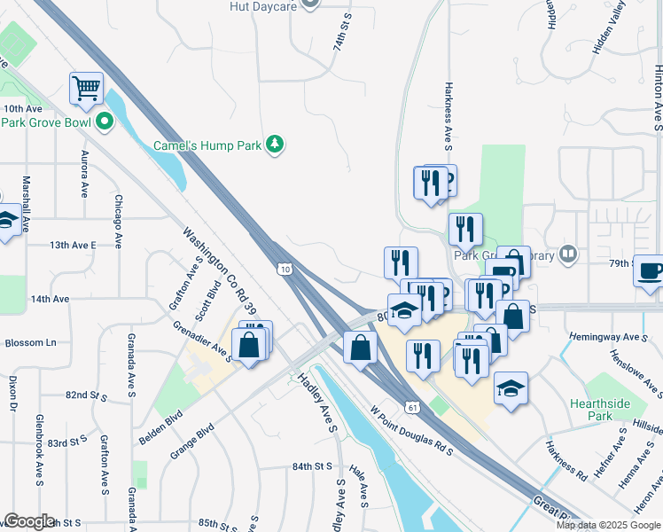 map of restaurants, bars, coffee shops, grocery stores, and more near 6999 East Point Douglas Road South in Cottage Grove