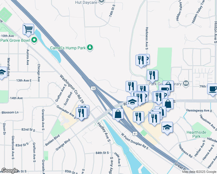 map of restaurants, bars, coffee shops, grocery stores, and more near 6999 East Point Douglas Road in Cottage Grove