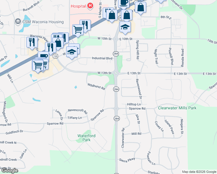 map of restaurants, bars, coffee shops, grocery stores, and more near 9340 Minnesota 284 in Waconia