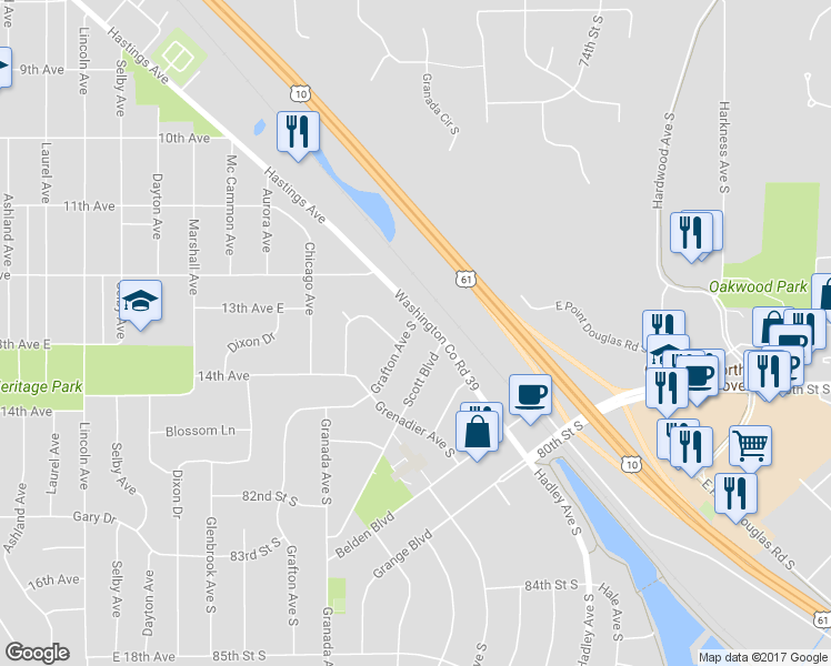 map of restaurants, bars, coffee shops, grocery stores, and more near 7881 Grafton Avenue South in Cottage Grove