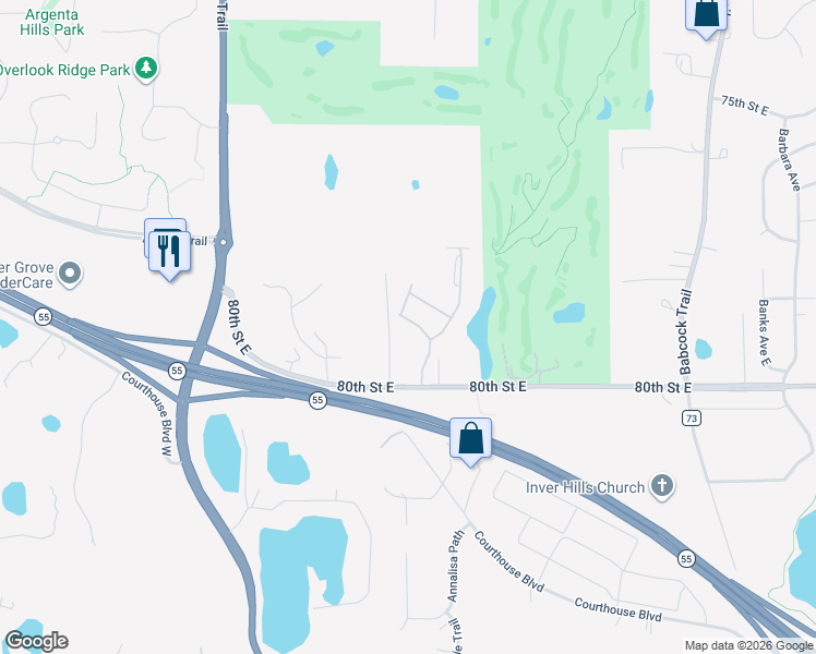 map of restaurants, bars, coffee shops, grocery stores, and more near 1455 80th Street East in Inver Grove Heights