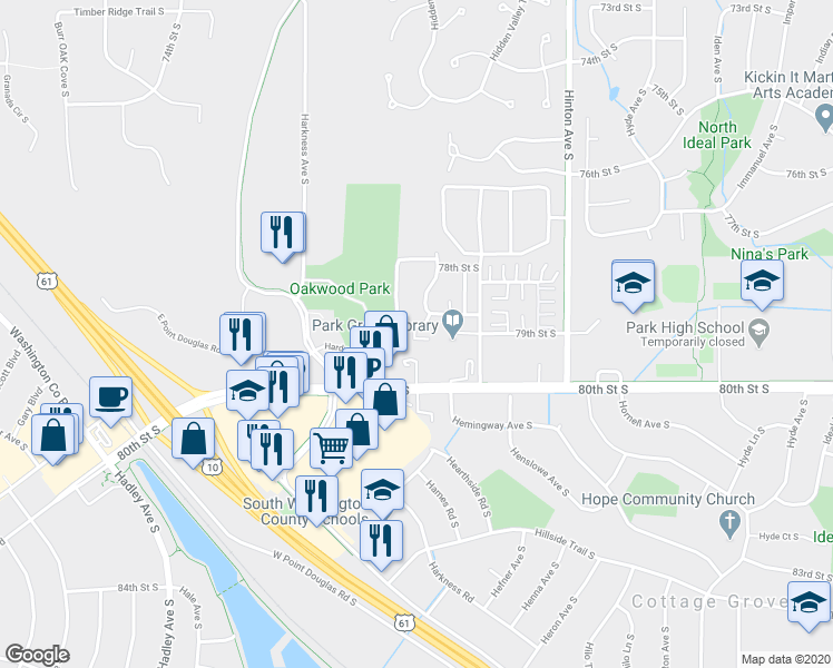 map of restaurants, bars, coffee shops, grocery stores, and more near 7823 Hearthside Avenue South in Cottage Grove