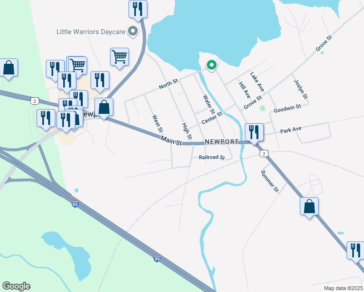 map of restaurants, bars, coffee shops, grocery stores, and more near 123 Main Street in Newport