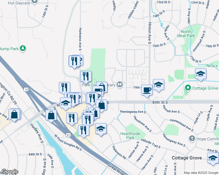 map of restaurants, bars, coffee shops, grocery stores, and more near 7821 Hearthside Court South in Cottage Grove