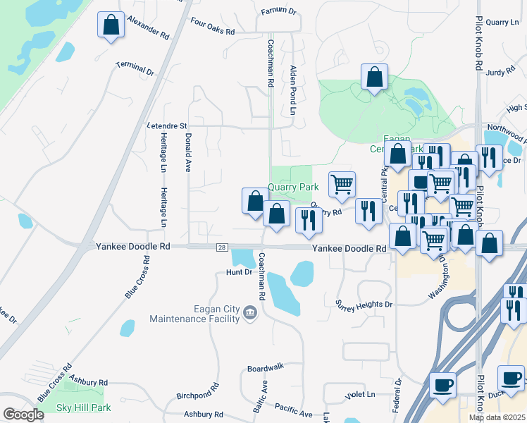 map of restaurants, bars, coffee shops, grocery stores, and more near 3374 Coachman Road in Eagan