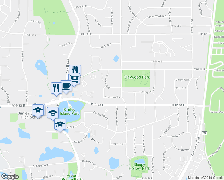 map of restaurants, bars, coffee shops, grocery stores, and more near 7943 Charles Way in Inver Grove Heights