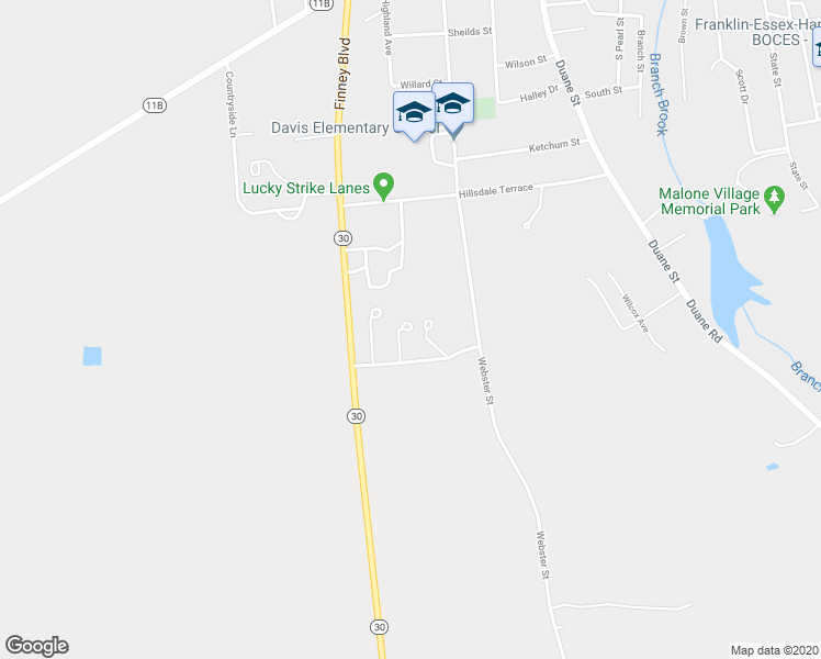 map of restaurants, bars, coffee shops, grocery stores, and more near 235 Falling Leaf Drive in Malone