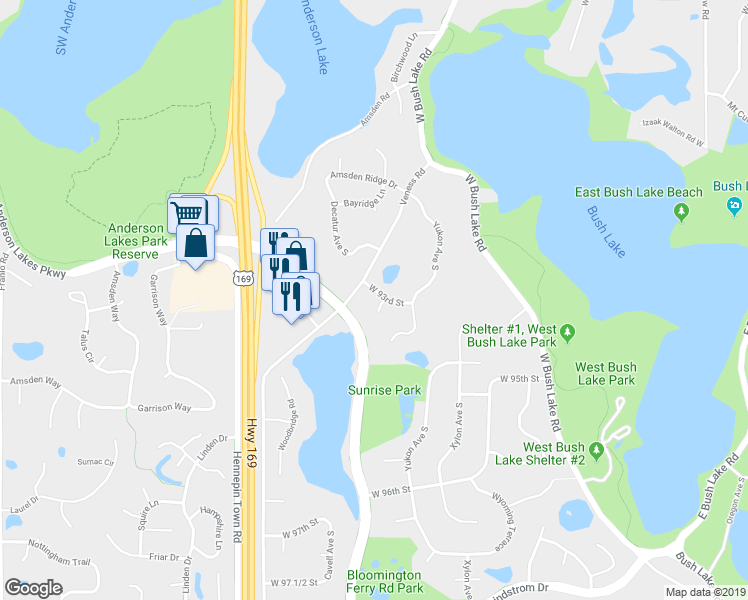 map of restaurants, bars, coffee shops, grocery stores, and more near 8301 West 93rd Street in Minneapolis