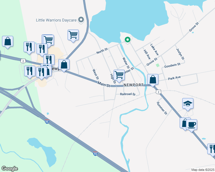 map of restaurants, bars, coffee shops, grocery stores, and more near 123 Main Street in Newport