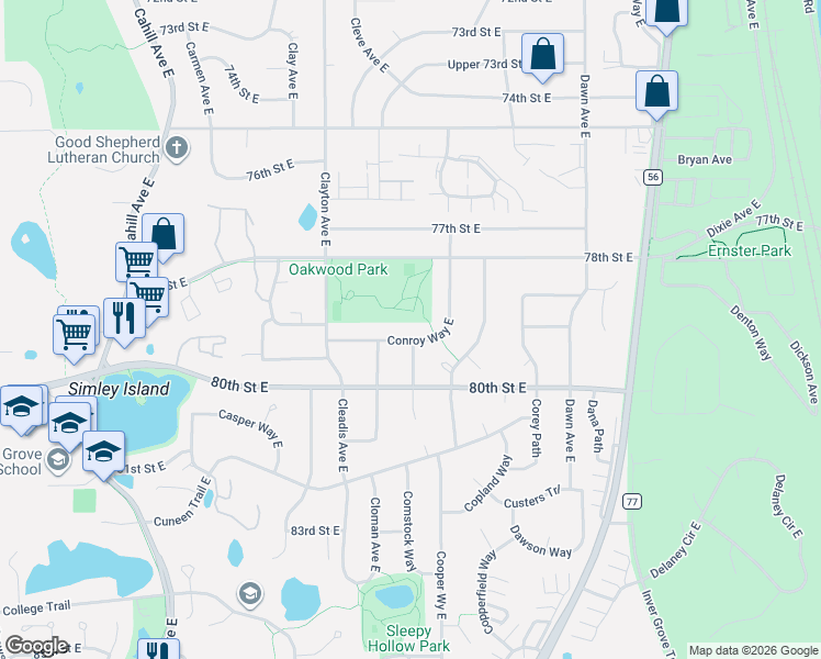 map of restaurants, bars, coffee shops, grocery stores, and more near 7935 Conroy Way East in Inver Grove Heights