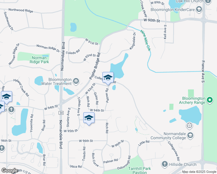 map of restaurants, bars, coffee shops, grocery stores, and more near 8401 Palmer Road in Bloomington