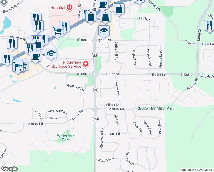map of restaurants, bars, coffee shops, grocery stores, and more near 1490 Mallard Place in Waconia