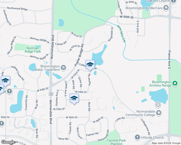 map of restaurants, bars, coffee shops, grocery stores, and more near 8401 Palmer Road in Bloomington