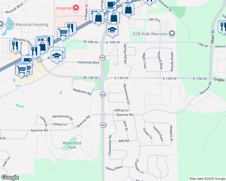 map of restaurants, bars, coffee shops, grocery stores, and more near 1462 Mallard Place in Waconia