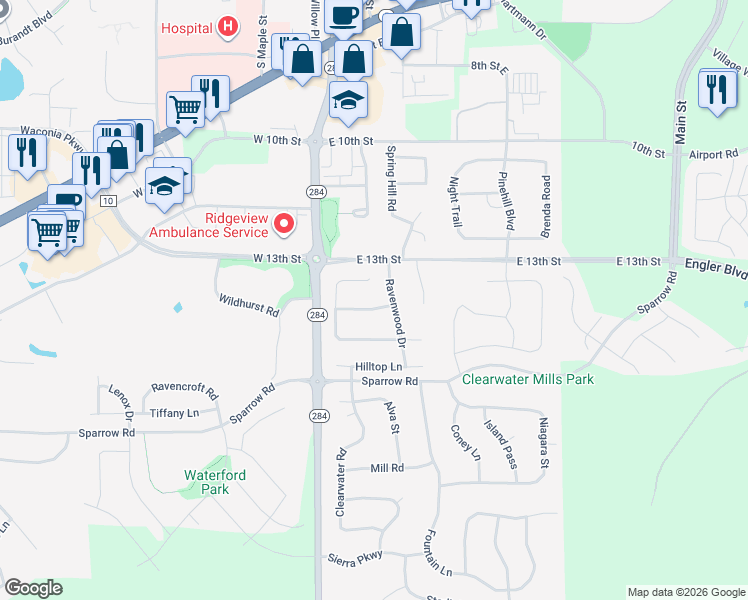 map of restaurants, bars, coffee shops, grocery stores, and more near 1490 Mallard Place in Waconia