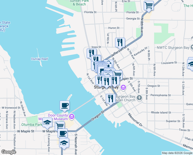 map of restaurants, bars, coffee shops, grocery stores, and more near 132 North 2nd Avenue in Sturgeon Bay