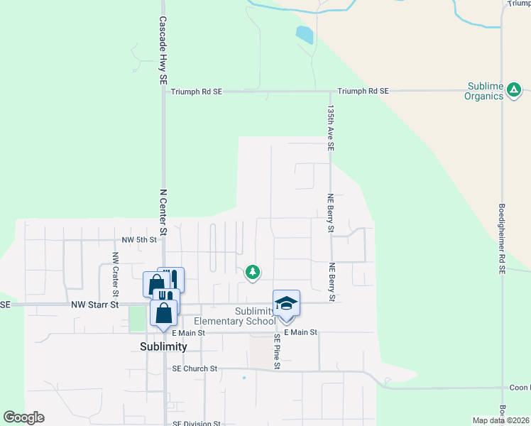 map of restaurants, bars, coffee shops, grocery stores, and more near 499 Northeast Cherry Street in Sublimity