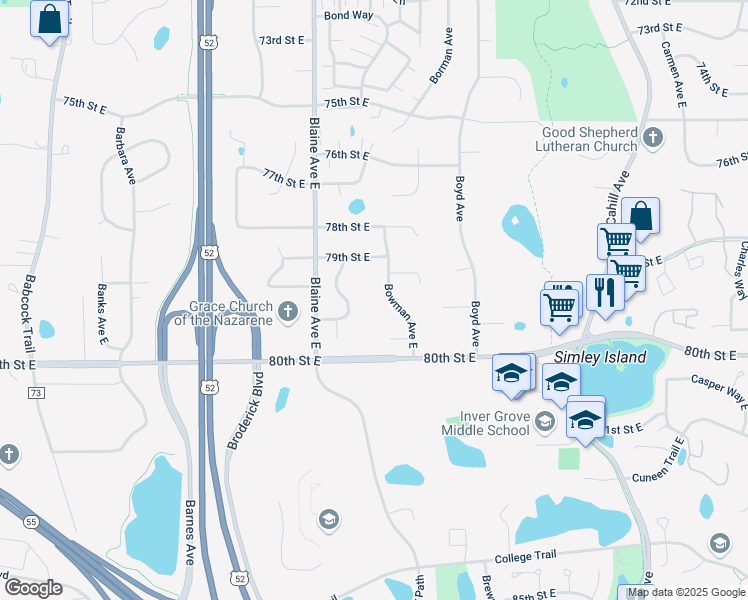 map of restaurants, bars, coffee shops, grocery stores, and more near 7941 Bowman Avenue East in Inver Grove Heights
